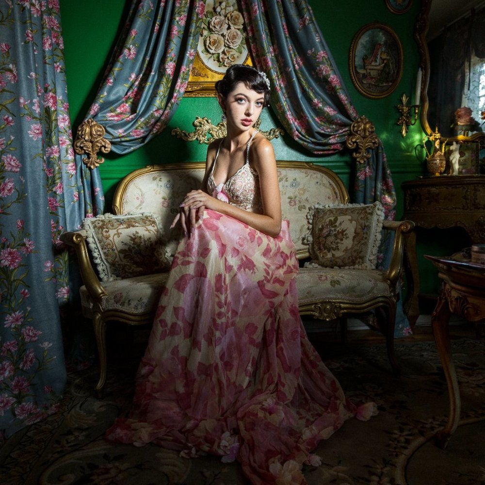 ADRIENNE Pink Ivory Silk Chiffon Lace Wedding Gown